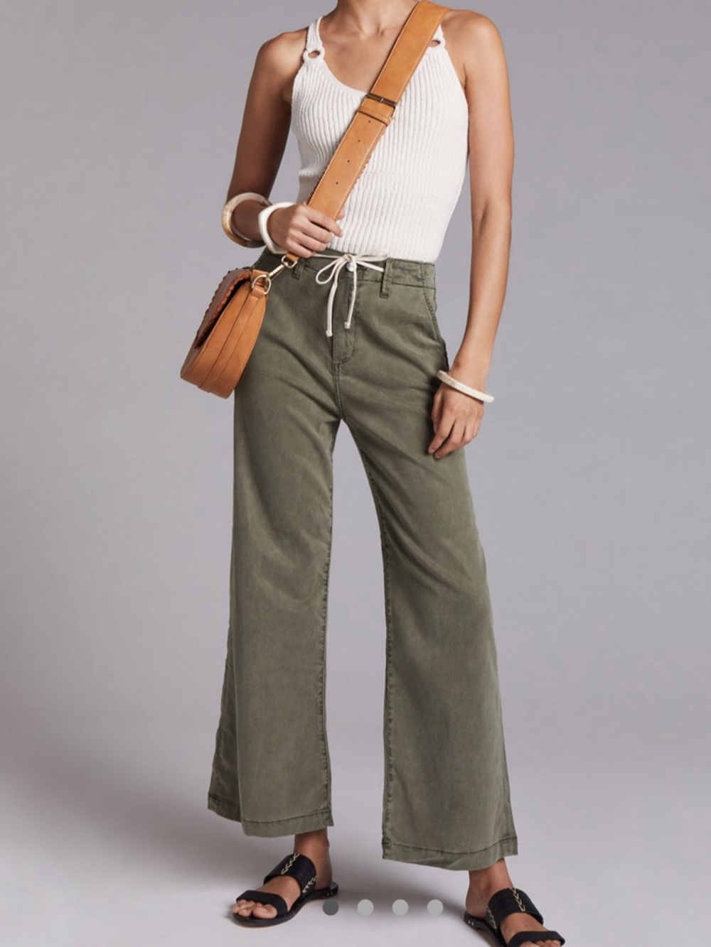 Paige Carly Wide Leg High Rise Pants Moss Green Drawstring Sz 29